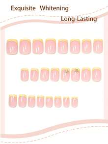 Add Romantic Vibe 48pcs Short Gold Star Yellow French Manicure Fake Nails With 2 Adhesive Sheets And 2 Mini Nail Files, Suitable For Summer Party, Office And Daily Wear, Randomly Shipped - Multicolor - View 2