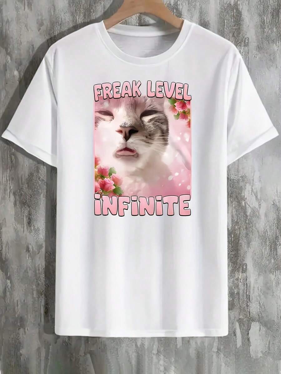 Nueva camiseta Y2K 2026 para hombre con diseño de gato divertido y la frase "Weird Level Infinity" - camiseta casual de manga corta y cuello redondo para el verano, regalo humorístico para amantes de los gatos, camiseta estampada única. | Ajuste cómodo, ropa con temática de gatos, camisetas infantiles, artículos para el Día de San Valentín, conjuntos para padres e hijos, camisetas con temática de San Valentín, camisetas estampadas para hombres y mujeres, camisas, camisetas con emojis populares. - Blanco - Ver 1