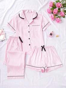 Conjunto de 3 piezas de top de manga corta, shorts y pantalones con estampado de rayas y bolsillos, pijama de mujer para verano y primavera - Blanco - Ver 7