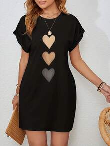 Vestido casual de punto para mujer con estampado de corazón, cuello redondo, manga corta, top de moda negro con diseño de bandera colorida - Marrón - Ver 1