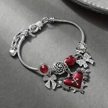 1 chiếc vòng tay đính hạt hình thánh giá hoa hồng đỏ, dây xích bạc hình rắn, mặt dây chuyền hình bướm và trái tim đính đá, có thể điều chỉnh kích cỡ. - Vòng tay hoa hồng chữ thập - Xem 3