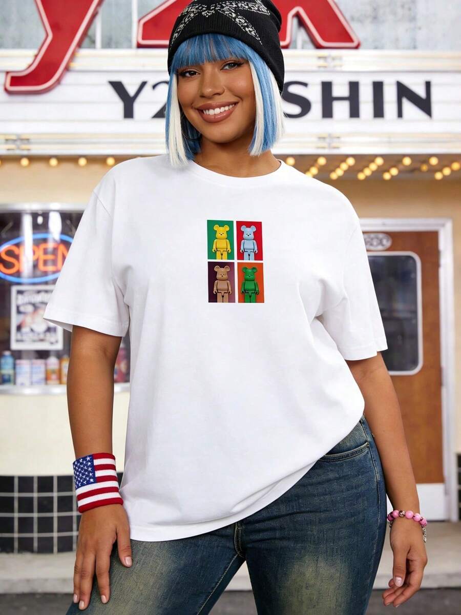 Camiseta de manga corta con cuello redondo suave y casual de verano para mujer, tops para salir, vintage, Gen Z, tops, curvas, ropa Y2K, algodón, Italia, Grecia, tops de mujer, tops bonitos, camisetas gráficas, conjuntos de primavera, estilo callejero americano, casual deportivo, estilo unisex, estilo casual urbano, casual, jersey, camisetas holgadas, ropa de calle retro, estilo de los 90, estilo de los 2000, subcultura, estilo europeo, tops negros, tops blancos, conjuntos de fiesta de los 90. Negro - Blanco - Ver 1