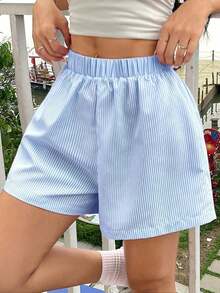 Shorts informales sueltos a rayas azules para el verano - Azul - Ver 7