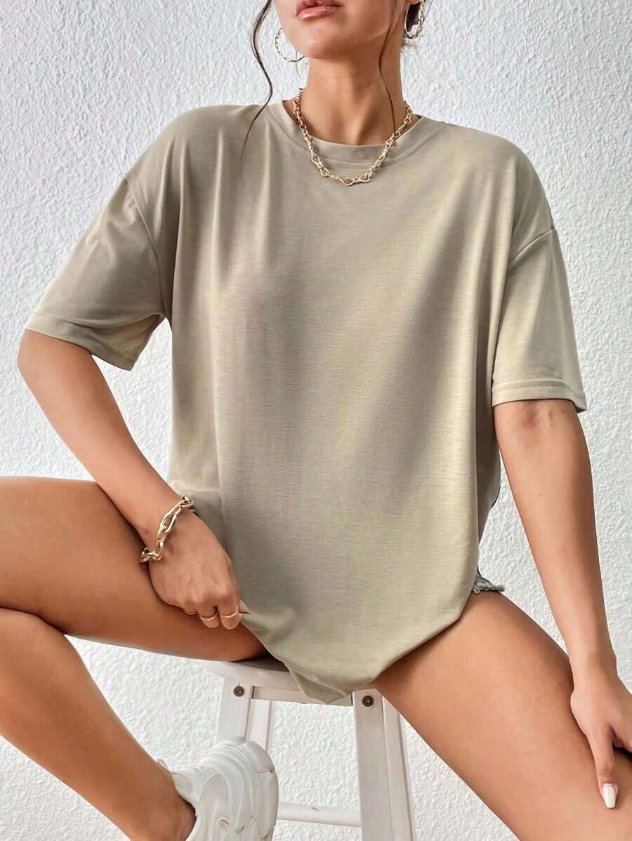 Camiseta de hombros caídos unicolor - Caqui - Ver 1