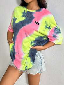 Camiseta de punto de mujeres con cuello redondo, teñida a la técnica Tie-Dye con parches de diferentes telas. - Multicolor 3 - Ver 6