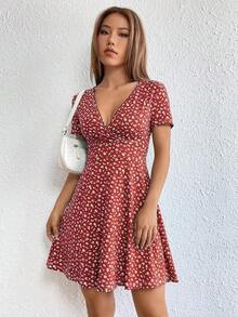 Vestido De Manga Corta Para Mujer Con Estampado Floral - Rojo 2 - Ver 1