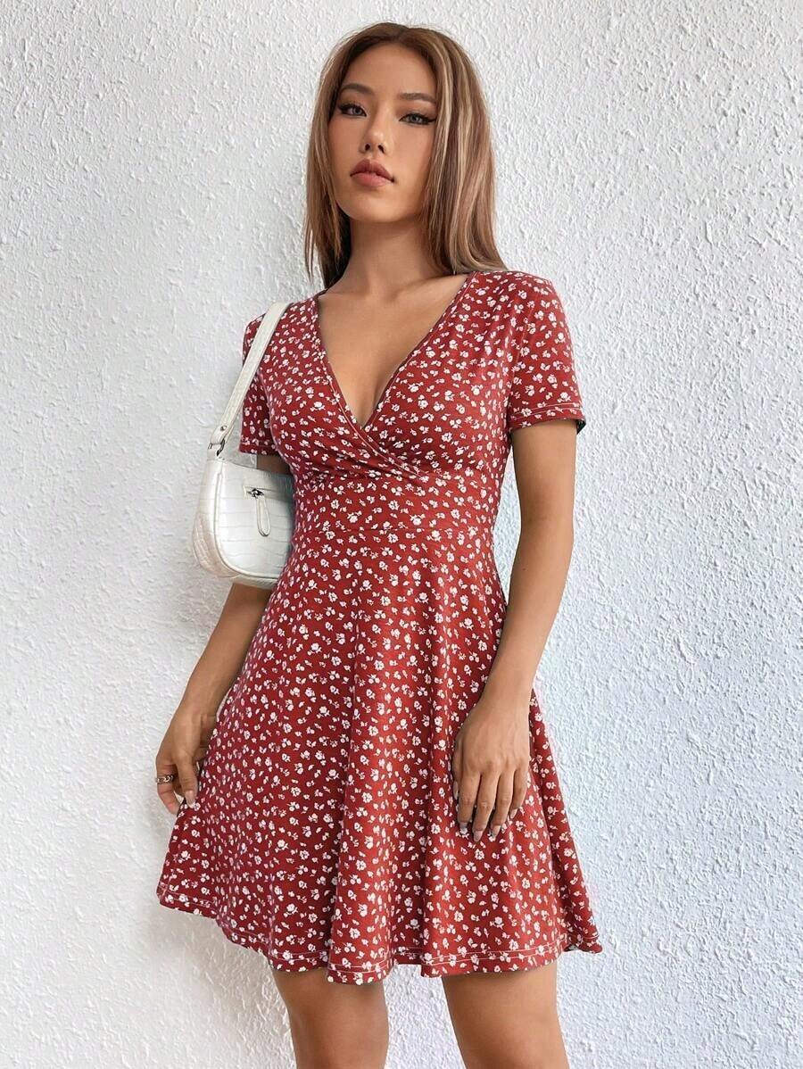 Vestido De Manga Corta Para Mujer Con Estampado Floral - Rojo 2 - Ver 1