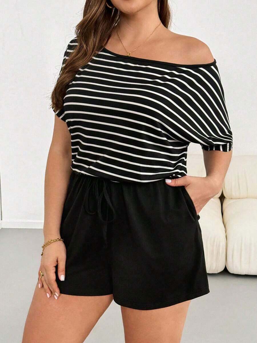 Rompers para mujeres de talla grande, mono informal de rayas, vestidos de verano para mujer, traje de una pieza, mono corto, para dama - Blanco y Negro - Ver 1