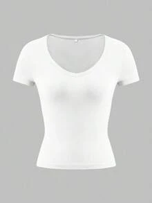 Camiseta ajustada de estilo Y2K con cuello en V y mangas cortas de unicolor, cintura ceñida, adecuada para uso diario casual de las mujeres Vaiaye - Blanco - Ver 3