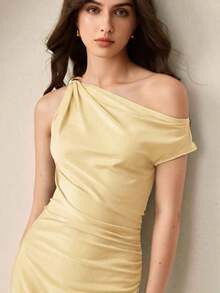Vestido de satén con hebilla asimétrica de metal, nuevo para primavera/verano.Elegante y chic para el día a día, romántico estilo retro de los 90.Adecuado para Navidad, Año Nuevo, San Valentín, fiestas, playa, graduación, moda, carnaval, bodas, - Amarillo - Ver 8