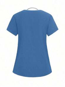 Conjunto de uniforme de pijama de unicolor con parches, cuello en V y manga corta - Azul - Ver 7