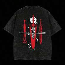 Edición Limitada Espada Asta - Camiseta Oversize Ligera con Lavado Ácido del Anime Black Clover con Doble Estampado, Regalo para Amantes del Anime - Blanco - Ver 3