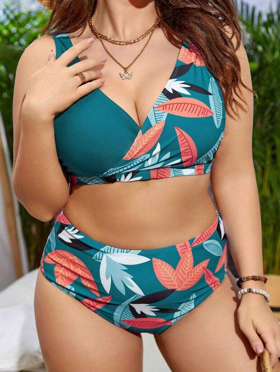 Conjunto de bikini con estampado tropical para la playa de verano en tallas grandes - Niebla azul - Ver 1