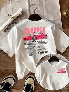 Camiseta de manga corta con un diseño divertido y atractivo, con un estilo de carreras dulce y genial.El diseño de coche deportivo rosa brillante combinado con el estampado de letras de dibujos animados "SUKI" hace que esta camiseta para mujer sea adecuada para diversas ocasiones, incluyendo vacaciones, cumpleaños, festivales de música, uso casual y vacaciones en la playa.Sencillo y elegante, muy adecuado para el uso diario de mujeres y niñas. - Blanco - Ver 6