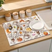 1pc Dish Drying Mat, Coffee Machine Mat, Hand-Painted Coffee And Dessert Pattern, Light Wood Grain Background, Retro Cafe Atmosphere, Multi-Purpose Drainage Mat, Home Gift, Tabletop Decor - XYLSD-394 - View 9