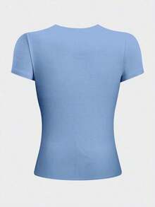 Camiseta casual de manga corta y cuello redondo ajustada para mujer, color café - Celeste 2 - Ver 2