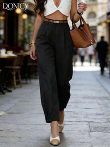 anchos de mujer de color beige sólido, pantalones largos plisados de tela texturizada elegante, adecuados para la oficina y el uso casual en primavera/verano.Cinturón no incluido. - Negro - Ver 1