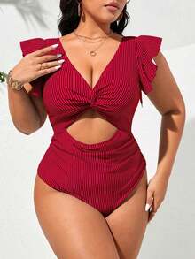 Traje de baño de una pieza con rayas y pliegues retorcidos para mujer de talla grande, adecuado para vacaciones en la playa, fiestas en la piscina y fiestas en la playa - Rojo - Ver 4