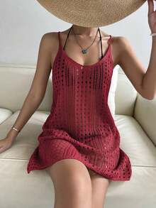 Vestido cover up tejido con abertura sin bikini - Rojo - Ver 9