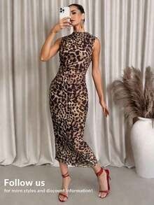 Vestido midi de Body con estampado abstracto rojo sin mangas, adecuado para el verano - Caqui - Ver 3