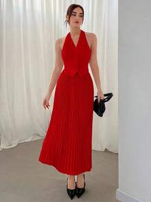 Conjunto de chaleco sin mangas con botones y falda plisada para mujer en otoño/invierno, 2 piezas - Rojo - Ver 6