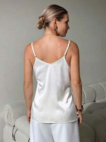 Camiseta de satén con lunares de color café con leche elegante para mujer, camiseta de encaje, top de moda para salidas, reuniones y vacaciones en primavera/verano - Blanco y Negro - Ver 2
