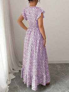 Nuevo vestido casual de vacaciones para mujer con manga corta con volantes, cintura ceñida y estampado floral menudo - Aspecto estilizador y alargador - Morado - Ver 2