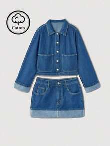 Conjunto de mujer de mezclilla azul oscuro con chaqueta de mezclilla de manga larga y falda con dobladillo plegado, nuevo estilo coreano casual de oficina para otoño e invierno, estilo Ins, abrigo de otoño de 2 piezas, conjunto de mezclilla para muj - Azul lavado medio - Ver 4