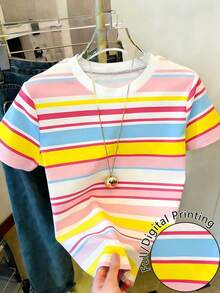 Short-Sleeved T-Shirt With Round Neck And Letter Print, Casual And Versatile For Everyday Use - 彩色 - 查看 5