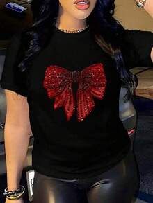 Playera con diseño de moño efecto lentejuela pero es estampado, moderno, casual de mujer, cuello redondo, manga corta, ideal para todos los días, llamativa, moderna, holgada, ideal para tí. 100% algodón, estilo Y2K Bababask - Negro - Ver 6
