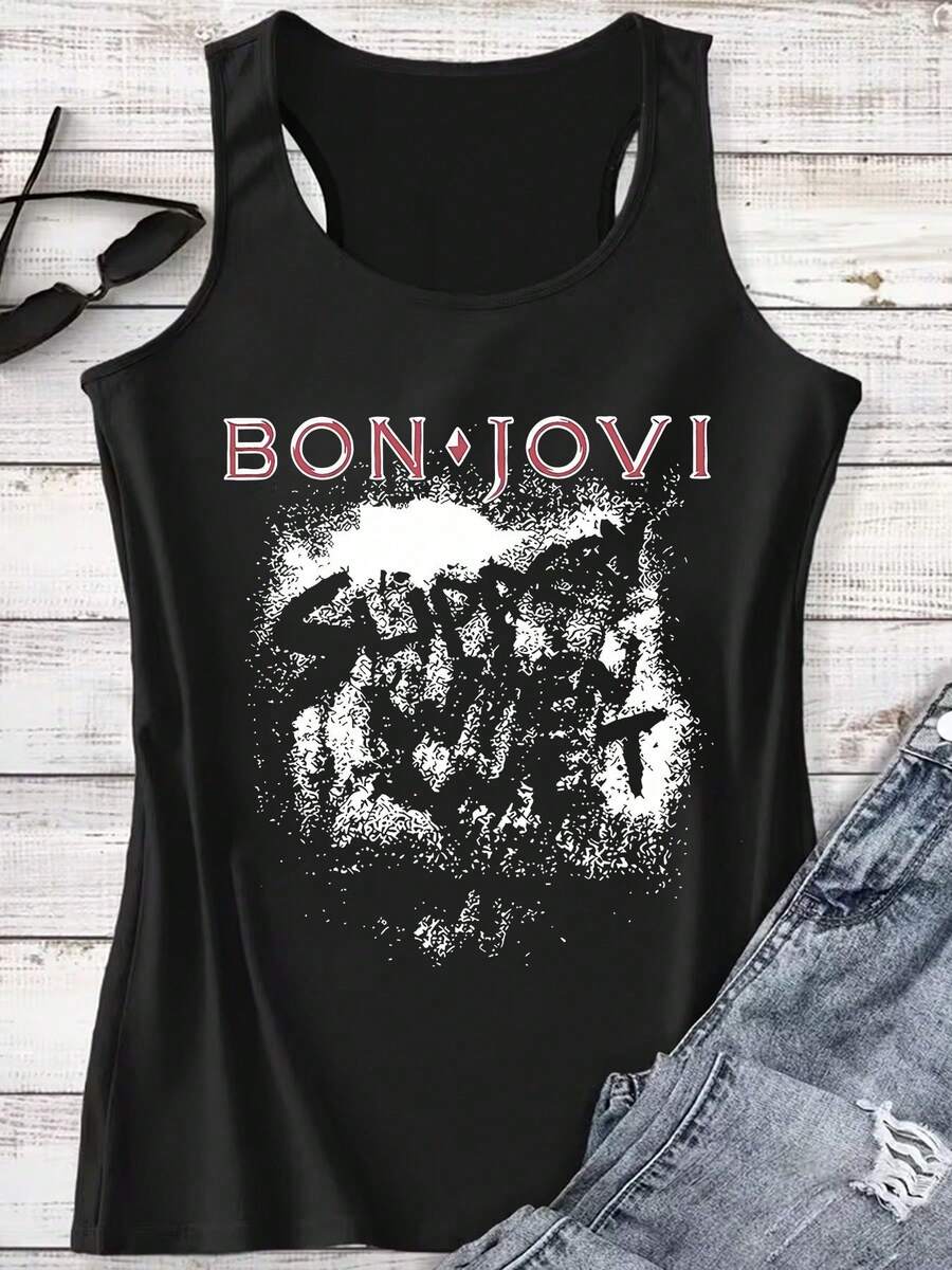 Casual Women's Sleeveless Round Neck Bon Jovi Print Tank Top Cotton Blend Regular Length T-Shirt - màu đen - Xem 1