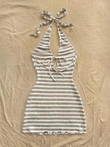 Vestido mini casual para vacaciones, boda en la playa, graduación, brunch, Día de San Patricio, vacaciones de primavera, Pascua, festival de música, elegante bohemio, tropical elegante sin tirantes, hombros descubiertos, espalda descubierta para of - Caqui 2 - Ver 2