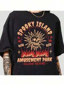 Camiseta Casual de Verano para Mujer, Camiseta de Parque de Diversiones de Isla Espeluznante, Camiseta Retro de Película de Halloween de los 2000, Calavera Disco, Camiseta Espeluznante de Verano, Camiseta de Halloween con Nostalgia de los 90 para Halloween-Motion Tee - Rojo - Ver 9