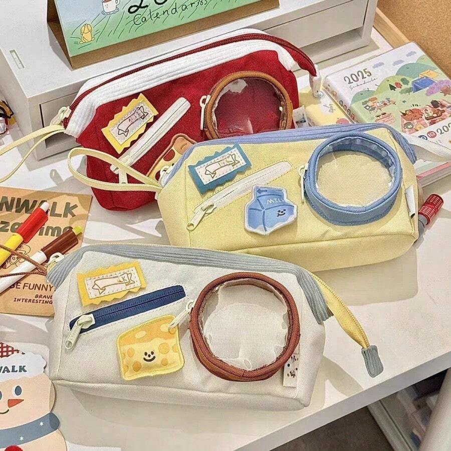 Back To School Large Capacity Apple/Burger/Milk Tea Pencil Case - Kawaii Food Theme Design With Burger And Apple, Retro Contrast Colors, Suitable For School And Stationery Organization, Cute Pencil Case