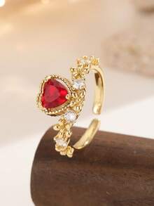 Nhẫn hở mạ vàng 18K hình trái tim đỏ và hoa hồng đính đá Cubic Zirconia, nhẫn đeo ngón tay có thể điều chỉnh kích thước, trang sức ngọt ngào lãng mạn dành cho phụ nữ. - Nhiều màu - Xem 15