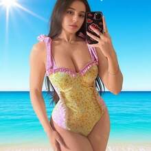 Traje de baño de una pieza para mujer, bikini sexy sin espalda con estampado floral, diseño de tirantes fresco y elegante. - Color de la imagen - Ver 4