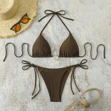 26 New Bikini Models, Sexy Two-Piece Bikini With Triangle Cup, Sexy Solid Color Swimsuit. - Coffee Brown - View 11