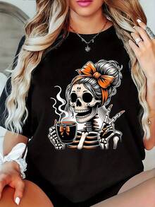 Women's Casual Printed T-Shirt, Round Neck, Short Sleeves, Slightly Stretchy Fabric, Regular Fit, Comfortable Top For All Seasons, Women's Clothing - 黑色 - 查看 2