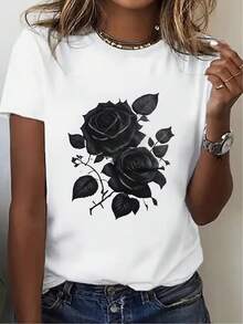 Camiseta de manga corta y cuello redondo para mujer - Un top delicado con estampado de rosa negra, perfecto para uso casual en primavera, verano y otoño, que combina belleza, elegancia, comodidad y versatilidad - Blanco - Ver 7