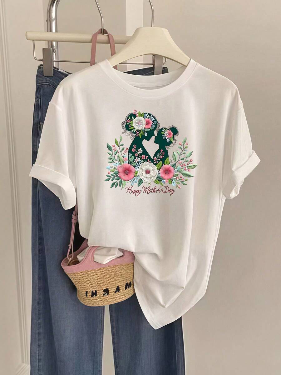 Women's Cotton Round Neck Casual T-Shirt New Black T-Shirt For Women - Floral Design And Mother Pattern, Short Sleeve Top, Round Neck, Casual Summer T-Shirt, Machine Washable, Gift For Mom, Casual Wear, Medium Elasticity Material, Simple T-Shirt For Daily Wear. - 白色 - 查看 1