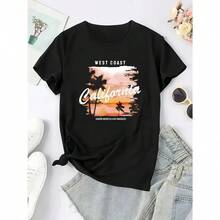 Camiseta de algodón de manga corta para mujer con estampado gráfico de la  oeste de California, puesta de sol, palmera, vacaciones, playa, verano, ropa casual de calle. - Negro - Ver 5