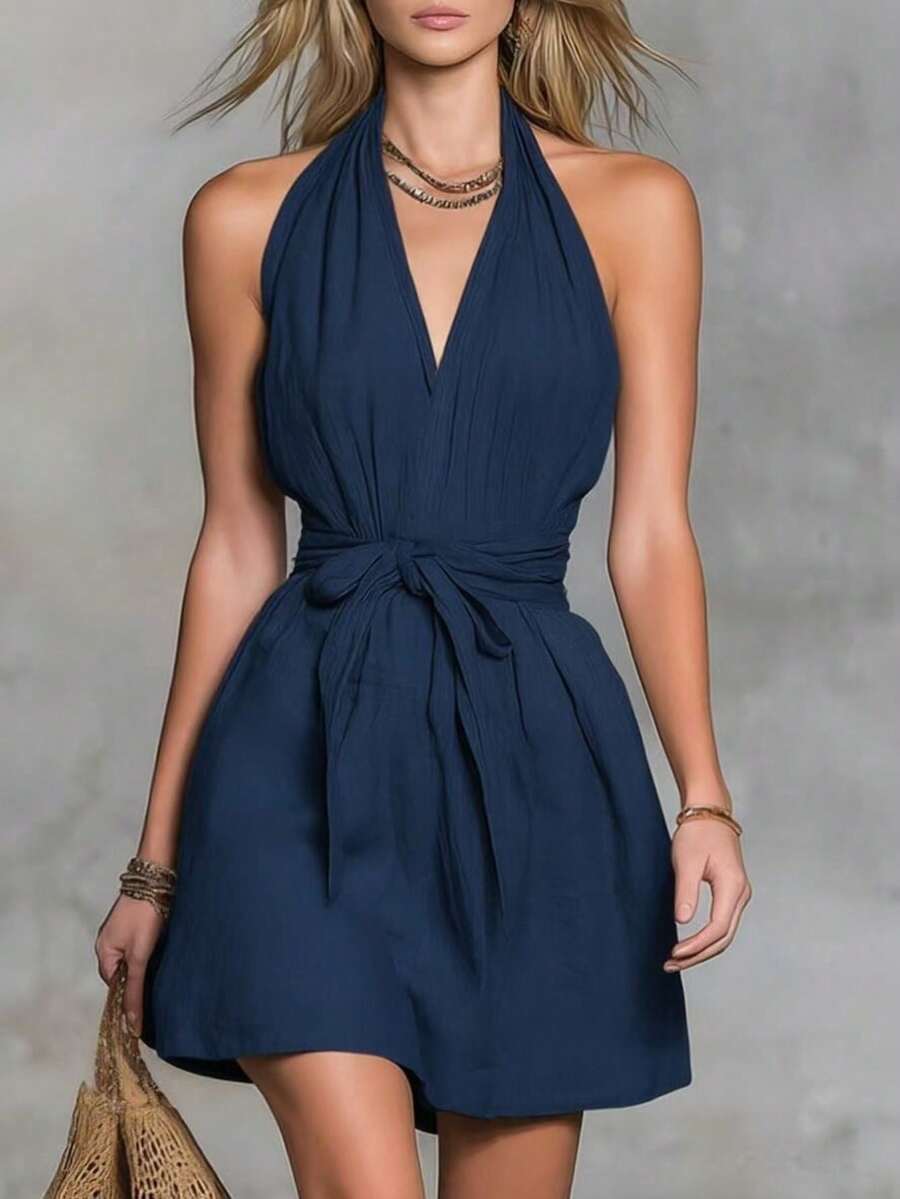 2026 Summer New Collection Of Fashionable Casual Women's Dresses With V-Neck, Fitted Waist And Belt For Holidays - 藍色 - 查看 1