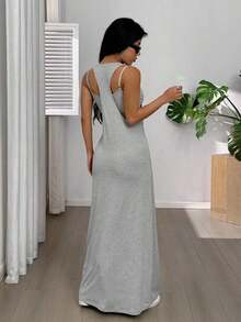 Vestido casual de verano para mujer de unicolor con cuello asimétrico y sin mangas - Gris - Ver 5