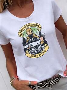 A Classic And Versatile Piece: A Pure Cotton Short-Sleeved T-Shirt With A Fishing Print, The Best Design In The World For Women. Modern Style. - White - View 1