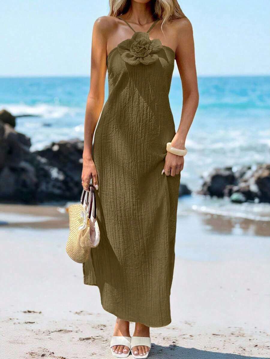 YHHSylviya Vestido maxi con abertura y estampado floral 3D en escote halter, vestido de verano de color amarillo mantequilla para mujer, atuendos de verano, atuendos de vacaciones, atuendos de playa, vestidos de graduación, ropa de verano, vestidos de vacaciones, vestidos de playa, ropa de vacaciones, estilo bohemio, atuendos para salir, vacacionesYHH - Cafetería - Ver 1