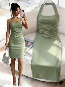 Vestido de verano para mujer, vestido elegante y ajustado de unicolor con cuello halter, atuendos de verano, vestido mini romántico para el Día de San Valentín/fiesta, vacaciones en la playa - verde menta - Ver 1