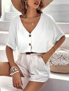 Camisa suelta de verano para mujer con botones, mangas cortas de murciélago y cuello en V de unicolor - Blanco - Ver 3