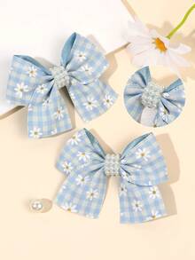 2pcs Light Blue Daisy Plaid Bow Hair Clips, Floral Pearl Hair Accessories, Sweet Daily School Picnic Summer Holiday Essential Hair Accessories For Kids - Blue - View 5