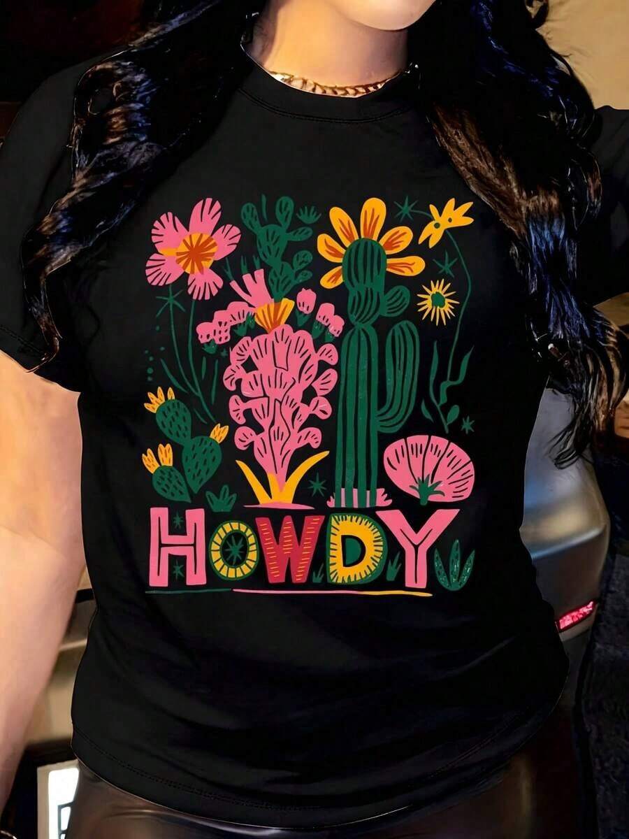 Women's Clothing Graphic T-Shirt For Women With Colorful Cactus And Flower Design, Casual Round Neck, Short Sleeve, Vibrant Desert-Inspired Design, Perfect For Everyday Wear And Casual Outfits, Women's Shirts - 黑色 - 查看 1