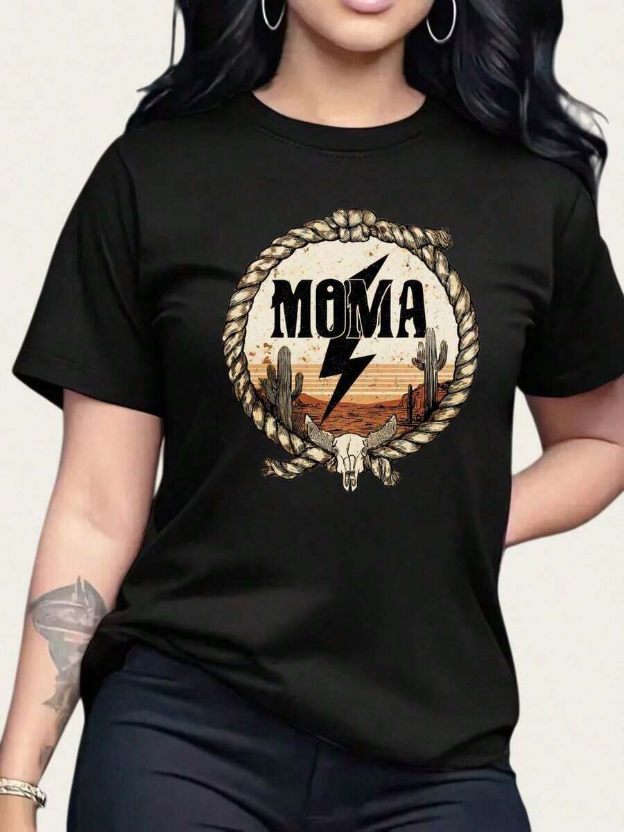 ropa de mujer Moma Western Desert Rock Band Camiseta para Mujer Unisex de Algodón Blanco con Diseño Gráfico de Cuerpo de Cuerda, Cactus y Calavera camisas de mujer - Negro - Ver 1